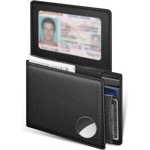 AirTag Wallet for Men, Top Grain Leather Wallet with 2 ID Window (Black)
